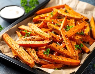 Crispy Baked Sweet Potato Fries On Dark Tray