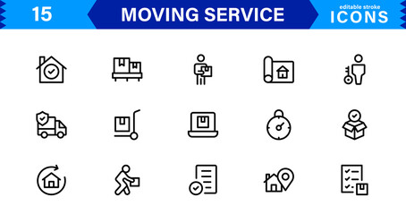 Vector Icon Set for Moving Services with Transportation, Packaging, and Storage Symbols Designed in Clean Line Style