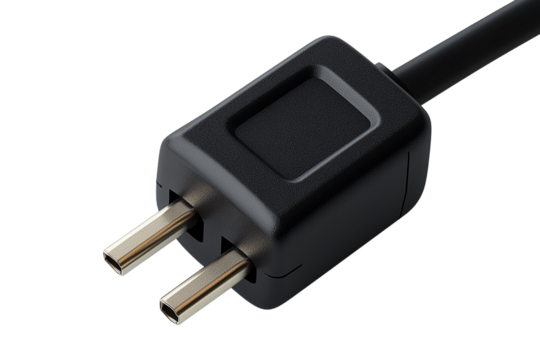 Closeup of a black electrical plug with two metal prongs power cord cable