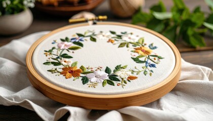 Floral Embroidery Hoop Design On Beige Fabric