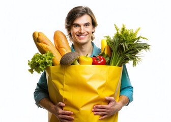 Woman Holding Large Yellow Shopping Bag Overflowing with Groceries