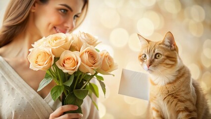 Woman Holding Cat & Blank Card, Peach Roses Background - Stock Photo