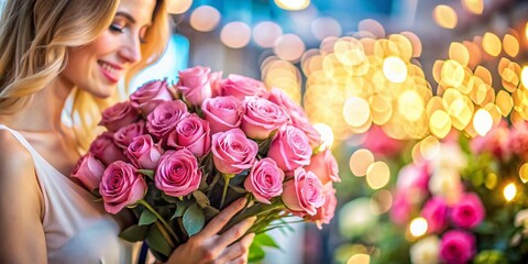Woman Holding Pink Roses in Blooming Floral Shop, Soft Bokeh Background