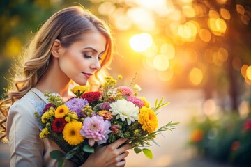 Woman Holding Vibrant Flower Bouquet, Rule of Thirds Composition