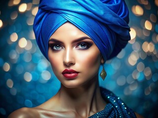 Woman in Blue Turban, Bokeh Background, Portrait Photography
