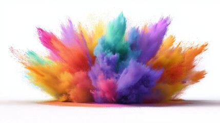 Obraz premium Rainbow dust powder explosion isolated white background. Dynamic blast eruption, vibrant colorful effect, lgbt, party, celebration, festival, color run element