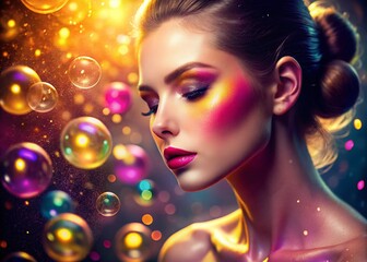 Woman in Pink and Yellow Makeup Surrounded by Bubbles - Low Light Photography