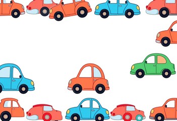 Adorable seamless border featuring cute cartoon cars on white background ideal for kids' textile, paper, & scrapbooking,  design,  colorful