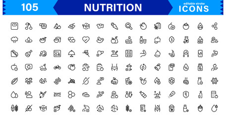 Nutrition Icon Set Featuring Healthy Food, Diet, Vitamins, Wellness, and Fitness in a Clean, Minimalist, and SEO-Optimized Vector Style