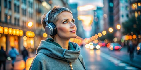 Woman Listening Music Headphones City Street Urban Lifestyle Portrait