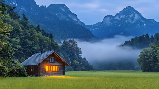A cozy wooden cabin with glowing windows amidst foggy green hills at dusk.