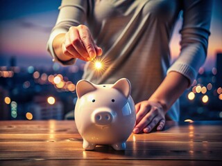 Woman Saving Money Night Piggy Bank - Financial Goals, Budget, Savings, Finance, Future
