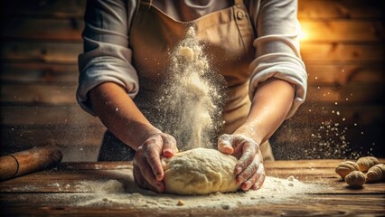Woman's Hands Kneading Dough, Flour Dust, Wooden Table - High-Resolution Stock Photo