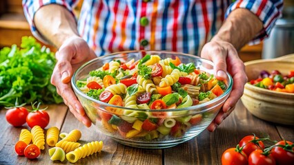 Woman's Hands Mixing Delicious Pasta Salad in a Bowl - Fresh Ingredients, Healthy Food