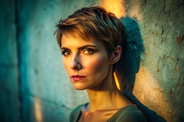 Woman Short Hair Textured Wall Portrait - Stylish Fashion Photography