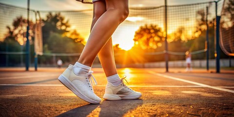 Woman's Legs in White Sneakers on a Tennis Court at Sunset - Summer Sports