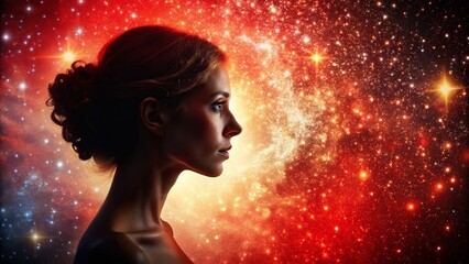 Woman Silhouette, Red Star Universe, Cosmic Profile, Night Sky, Galactic Beauty