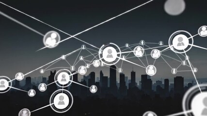Digital network connections over a city skyline at dusk - Powered by Adobe