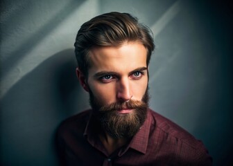 Young Bearded Man Portrait: Stylish Aerial Photography on Gray Background