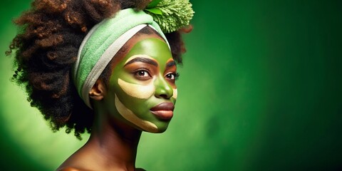 Young Black Woman Natural Skincare Routine, Avocado Green Tea Clay Mask, Headband, Green Background