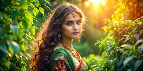 Young Hindu Woman with Long Wavy Hair, Natural Background Mockup
