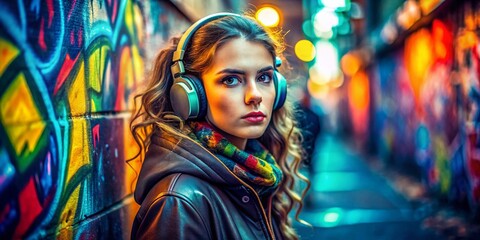 Young Woman Headphones Graffiti Urban Exploration Portrait Photography