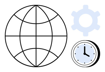 Obraz premium Globe with longitude and latitude lines, clock, and gear symbolizing worldwide connection, time management, and productivity. Ideal for global business, workflow, time zones, synchronization