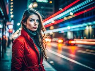 Young Woman Red Jacket City Lights Long Exposure Photography