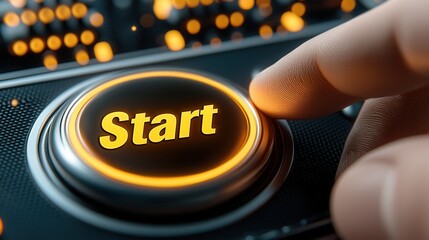 Finger Pressing Glowing Orange Start Button on Dark Control Panel