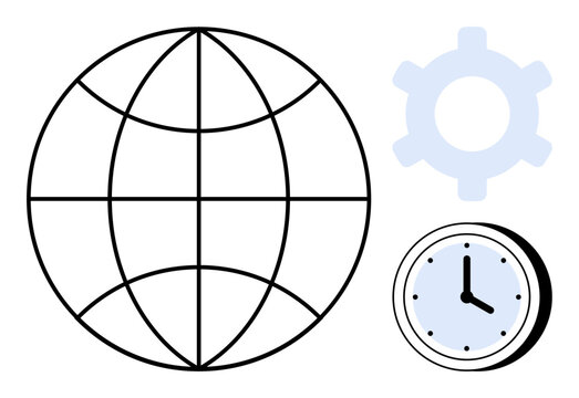 Globe with longitude and latitude lines, clock, and gear symbolizing worldwide connection, time management, and productivity. Ideal for global business, workflow, time zones, synchronization