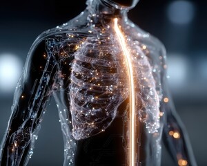 Transparent human form, glowing spine and chest, with light particles