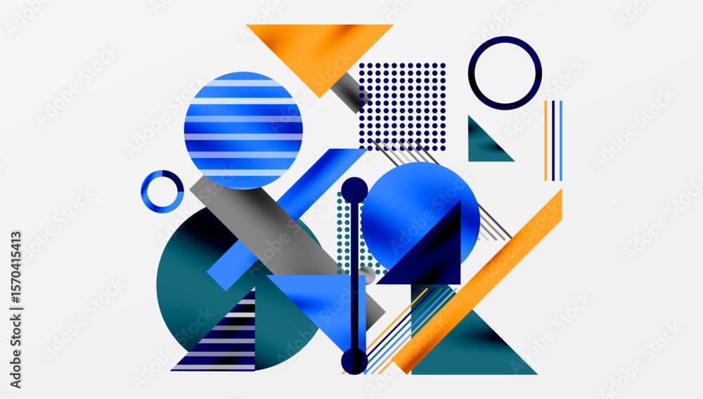 Poster abstract geometric composition. shapes overlap, creating dynamic visual interest. blue, orange, gray