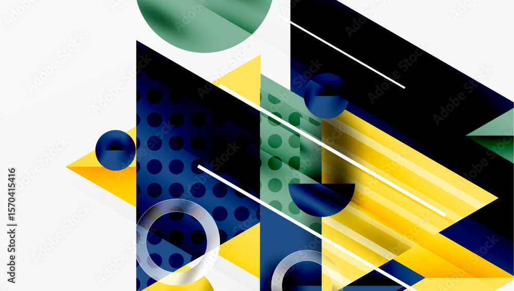 Poster abstract geometric composition. shapes overlap, creating dynamic visual interest. yellow, blue, gree