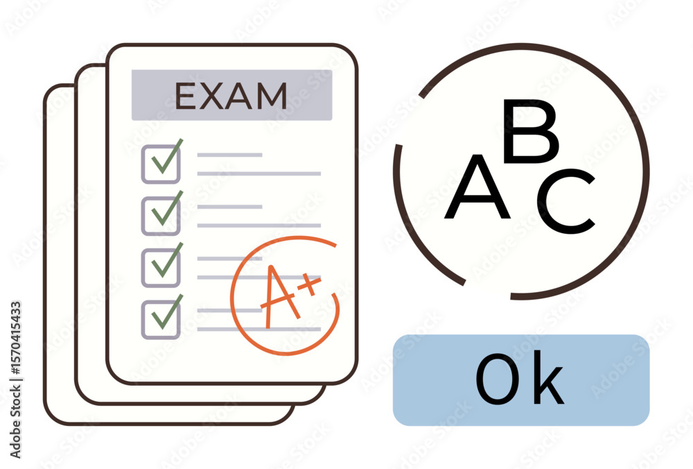 Poster exam paper with checklist and a grade displayed prominently. includes abc grading scale and ok label