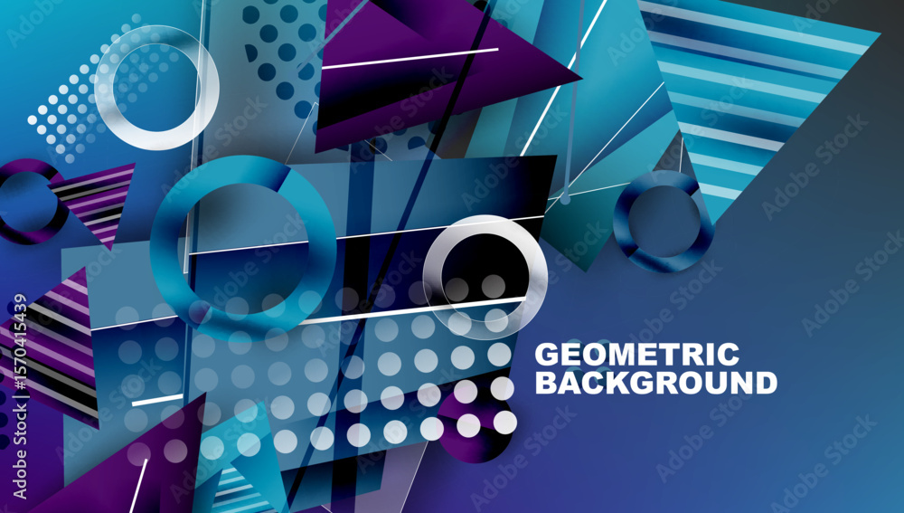 Poster abstract geometric composition. blue, purple hues dominate. shapes overlap creating dynamic visual e