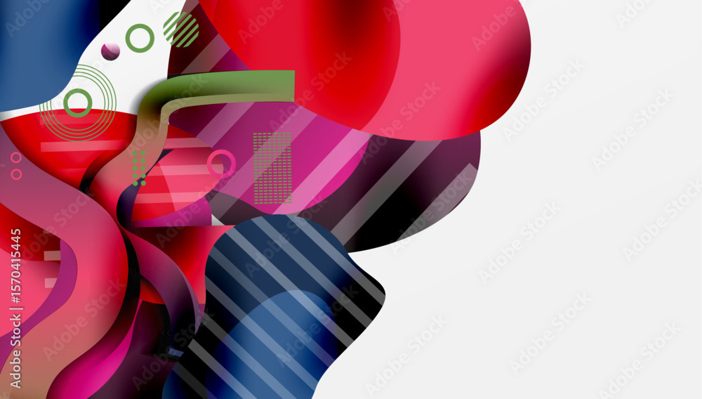 Poster abstract colorful shapes overlap, creating dynamic composition. fluid forms blend with stripes, circ