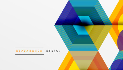 Fototapeta premium Abstract geometric shapes overlap, creating vibrant layered design. Colors include blue, yellow, purple, cyan. Modern aesthetic.