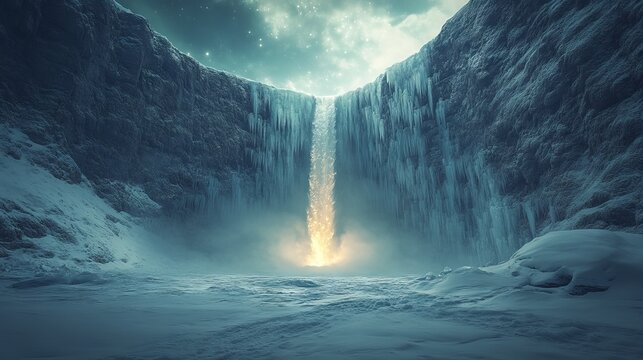 Majestic frozen waterfall cascading into a snowy glacial chasm.