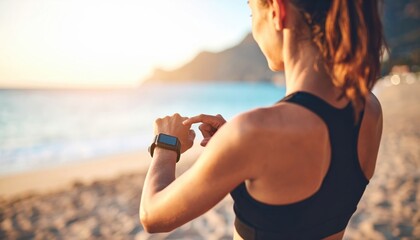 Woman checking smartwatch on beach at sunset ocean view sandy shore Sea