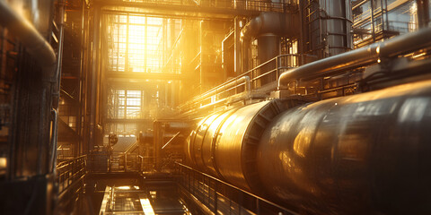 Industrial Pipeline System Inside Modern Factory with Sunlight

