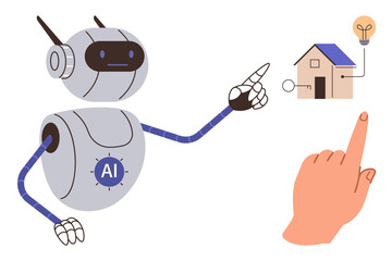 AI robot and human hand interacting, pointing to a connected home and light bulb. Ideal for technology, innovation, smart home, sustainability, energy, collaboration automation. A simple flat