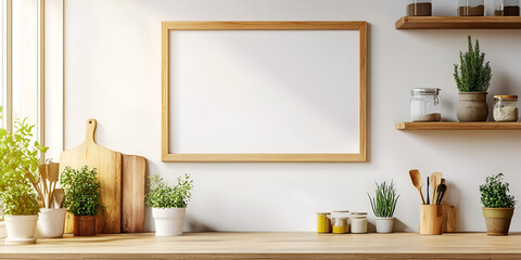 Minimalist Wooden Frame with Indoor Plants and Citrus Fruits in Sunlight

