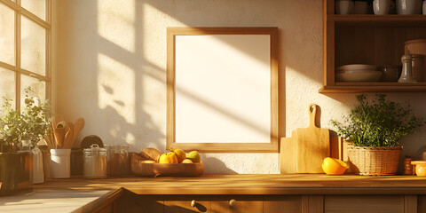 Minimalist Wooden Frame with Indoor Plants and Citrus Fruits in Sunlight

