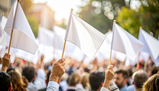 Crowd of diverse people raising white flags with wooden poles outdoors during a daytime demonstration or protest