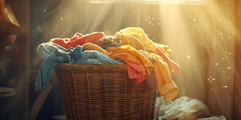 Sunlit Laundry Basket with Colorful Clothes in Cozy Room Interior

