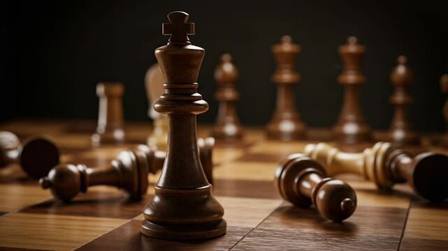 Intense chess game with fallen pieces in dim light