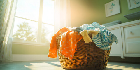 Sunlit Laundry Basket with Colorful Clothes in Cozy Room Interior

