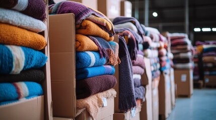 Stacked folded blankets and throws in cardboard boxes at a warehouse.