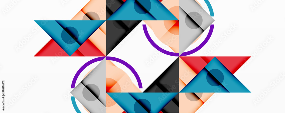 Poster abstract geometric design. triangles, circles, curves create symmetrical pattern. colors include red