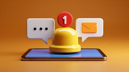 Notification Bell with Message and Email Icons on a Modern Phone on Orange Background